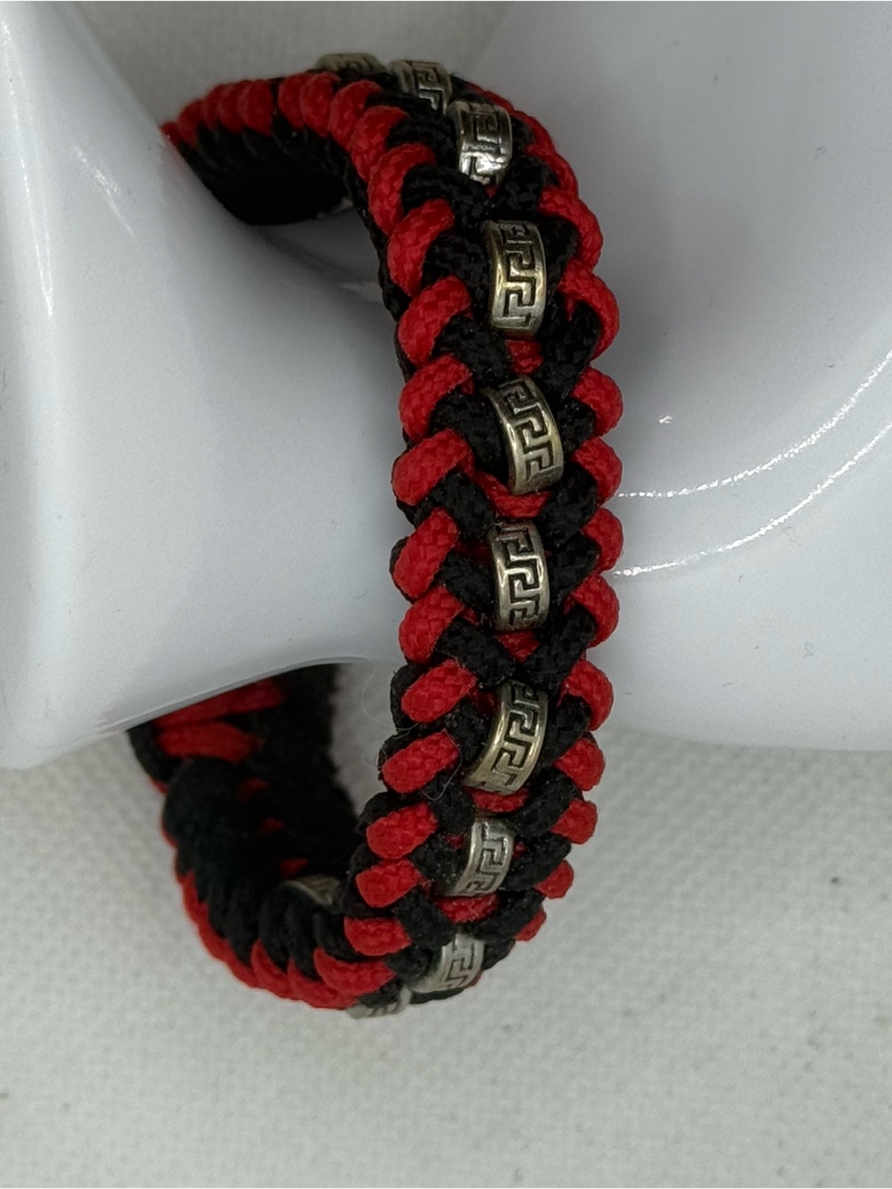 Handmade Black and Red Paracord Bracelet with Silver Charm Rings